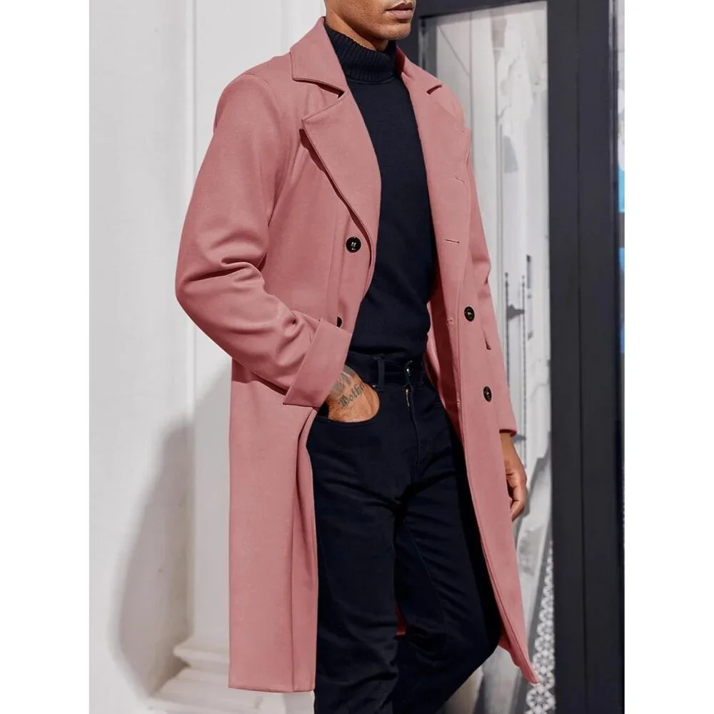 Men's Pink Notch Lapel Double Breasted Long Trench Coat Cotton Blend Pea Coat